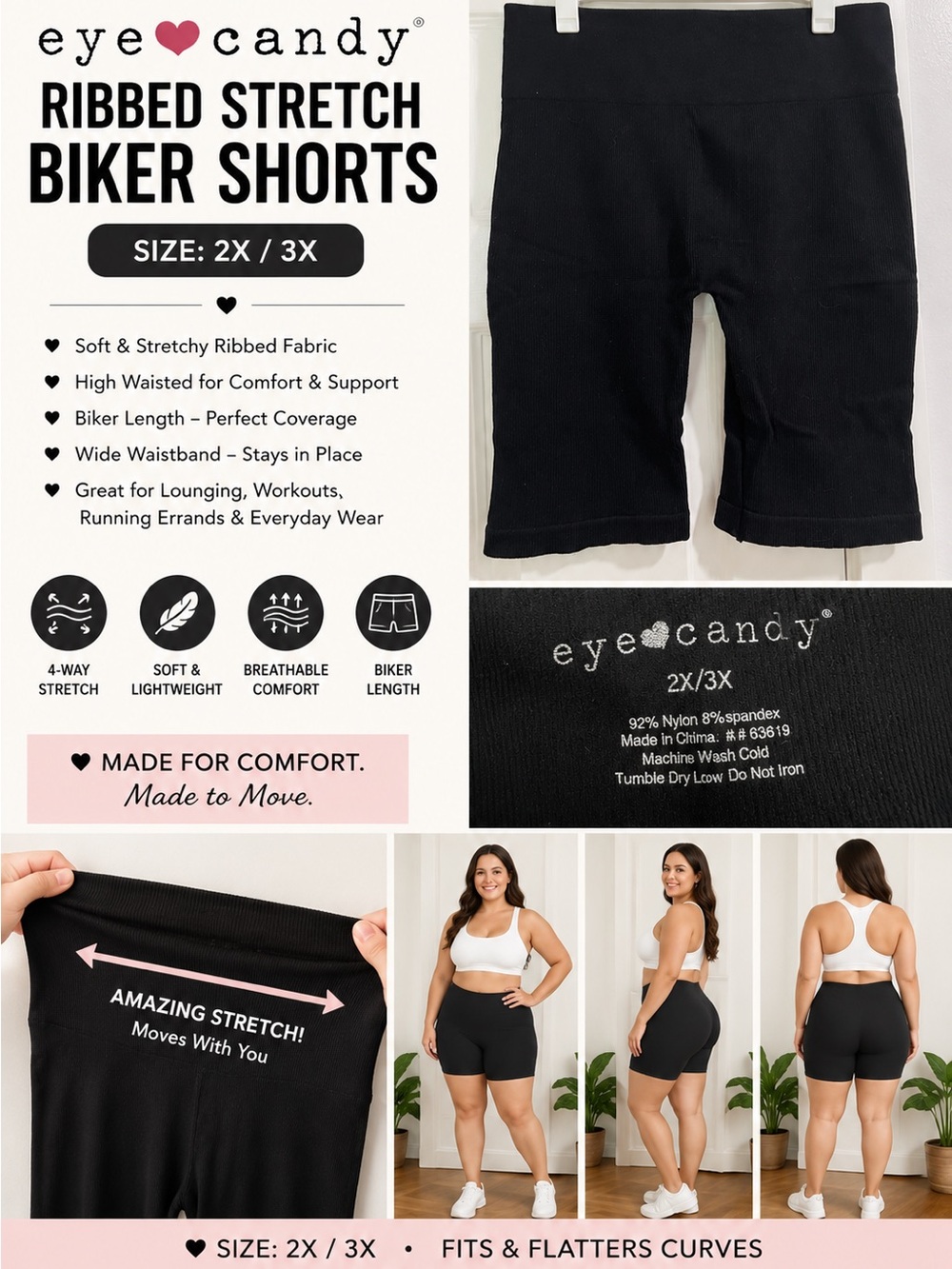 eye candy Black Ribbed Stretch Biker Shorts - 2X/3X